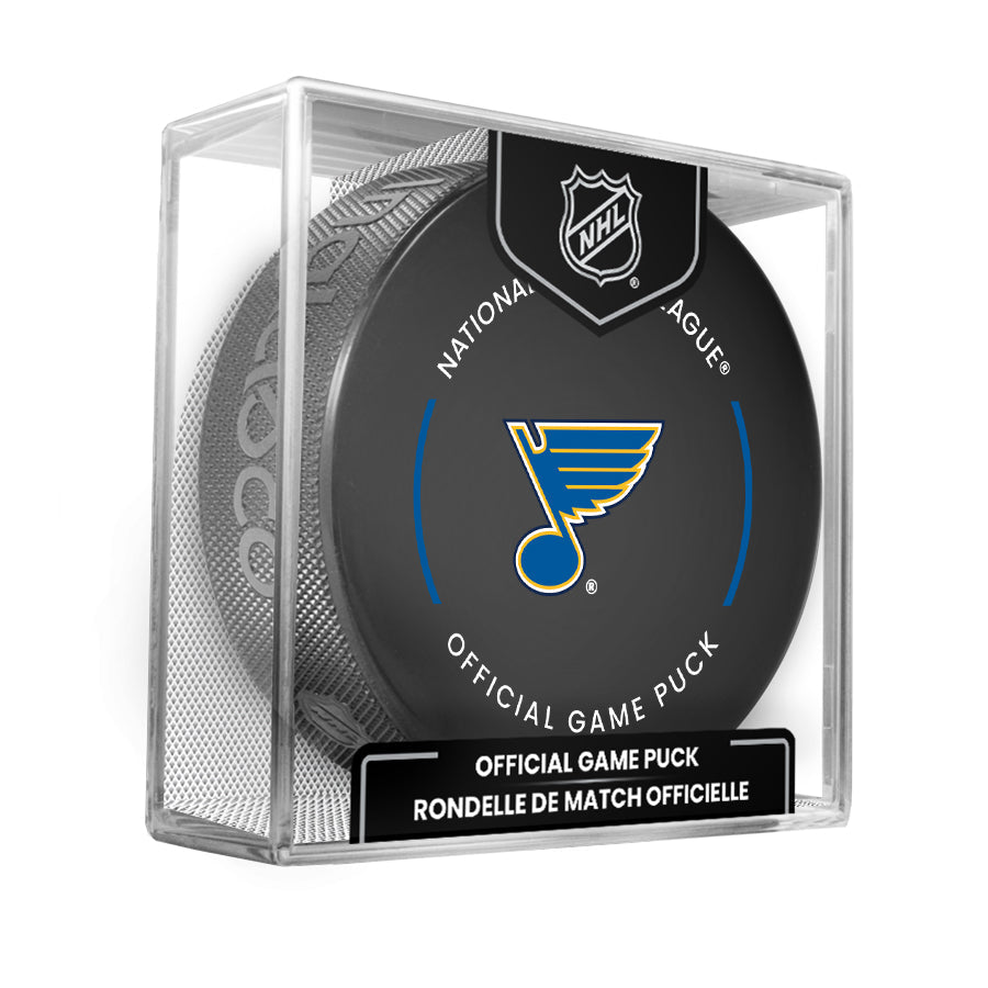 St. Louis Blues 2023-24 NHL Official Game Puck with Display Case product image 1, provided for visual reference and product