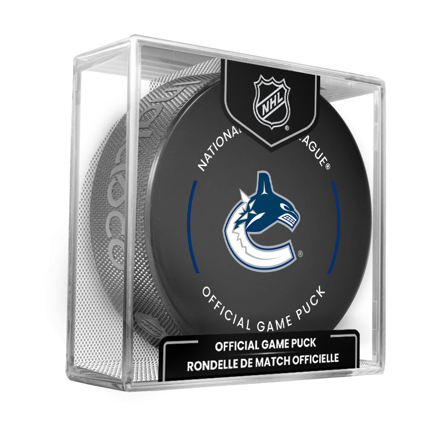 Vancouver Canucks 2023-24 NHL Official Game Puck with Display Case product image 1, provided for visual reference and
