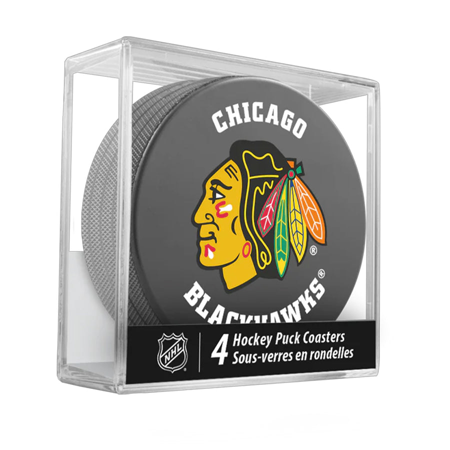 Chicago Blackhawks Team Logo Hockey Puck Drink Coasters (4 Pack) product image 1, provided for visual reference and product