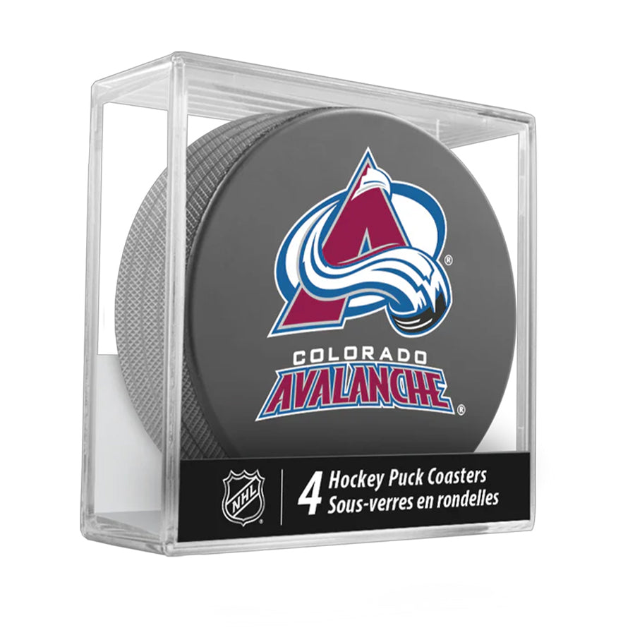 Colorado Avalanche Team Logo Hockey Puck Drink Coasters (4 Pack) product image 1, provided for visual reference and product