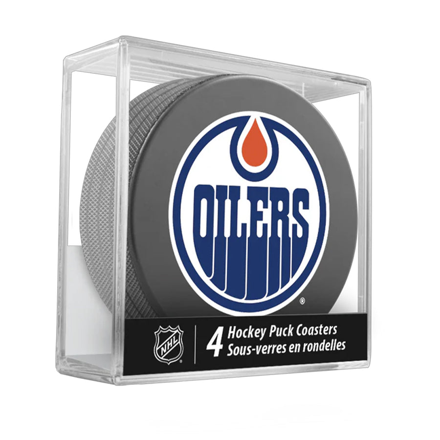 Edmonton Oilers Team Logo Hockey Puck Drink Coasters (4 Pack) product image 1, provided for visual reference and product