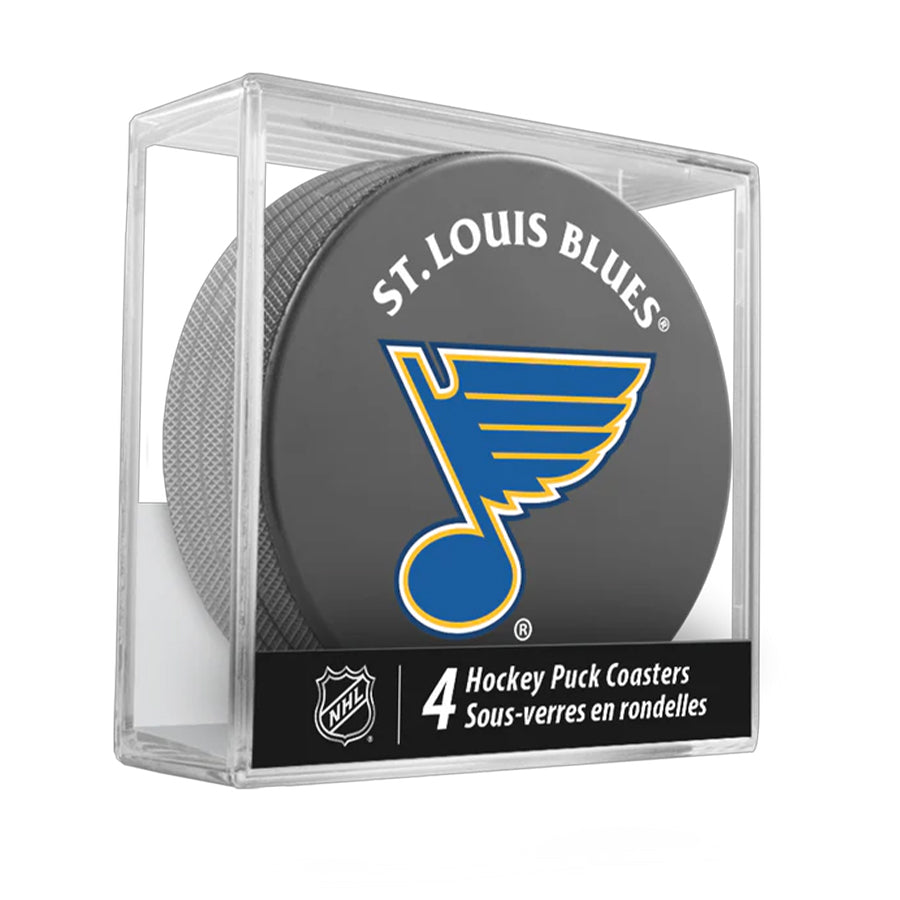 St. Louis Blues Team Logo Hockey Puck Drink Coasters (4 Pack) product image 1, provided for visual reference and product