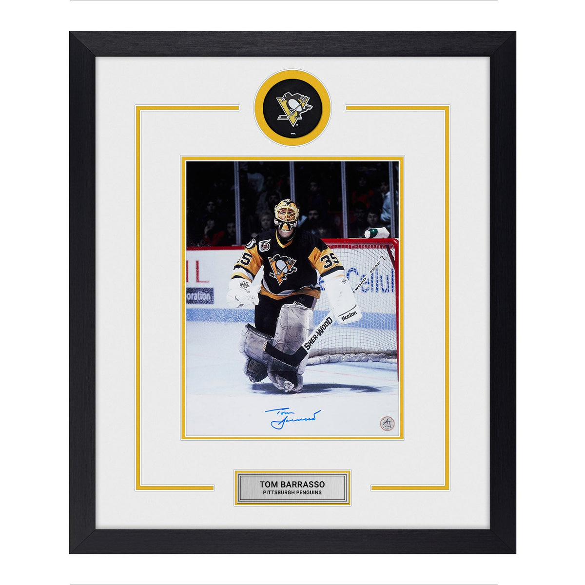 Tom Barrasso Signed Pittsburgh Penguins Puck Logo 23x27 Frame product image 1, provided for visual reference and product