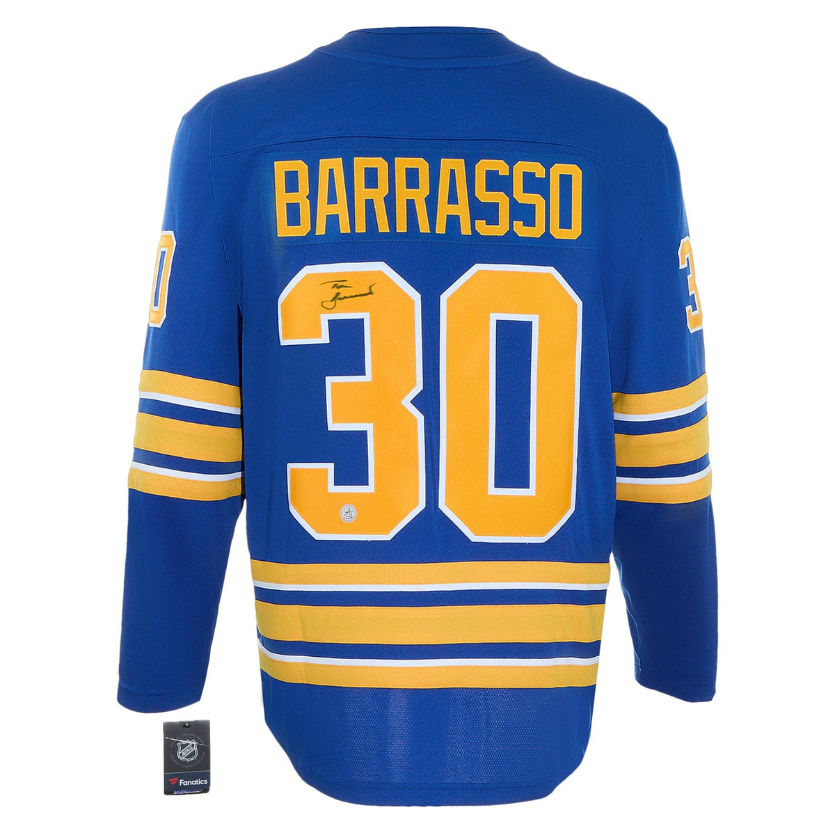 Tom Barrasso Autographed Buffalo Sabres Fanatics Breakaway Jersey product image 1, provided for visual reference and product