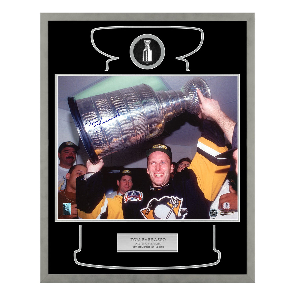 Tom Barrasso Signed Pittsburgh Penguins Cup Champion 26x32 Frame product image 1, provided for visual reference and product