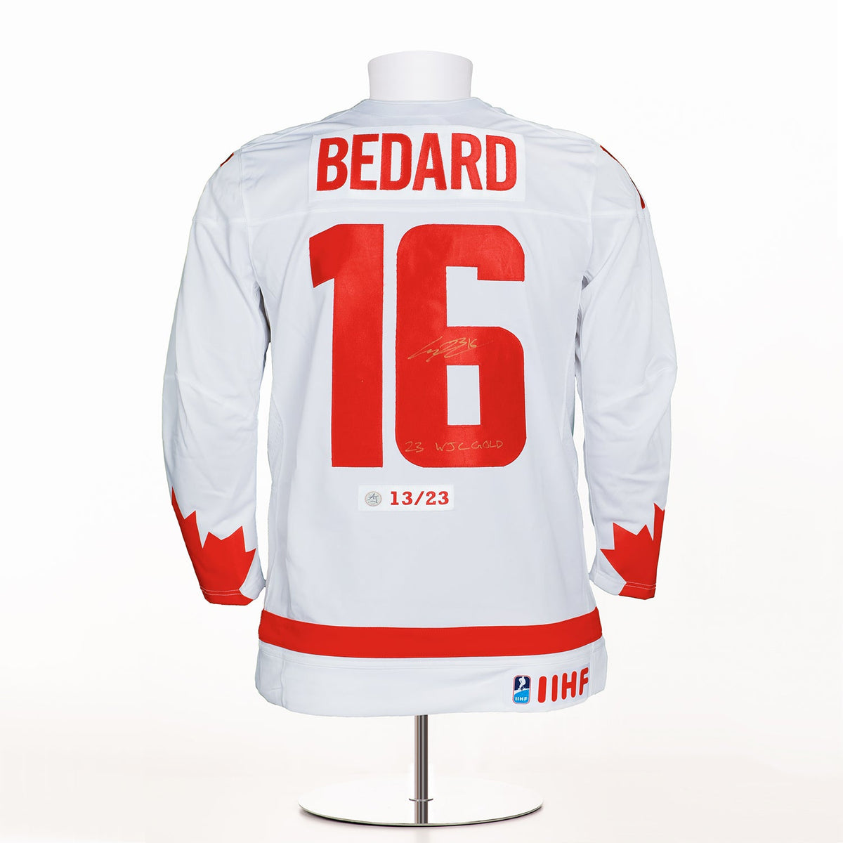 Connor Bedard Team Canada Signed & Inscribed World Jr Gold Nike Jersey #13/23 product image 1, provided for visual reference
