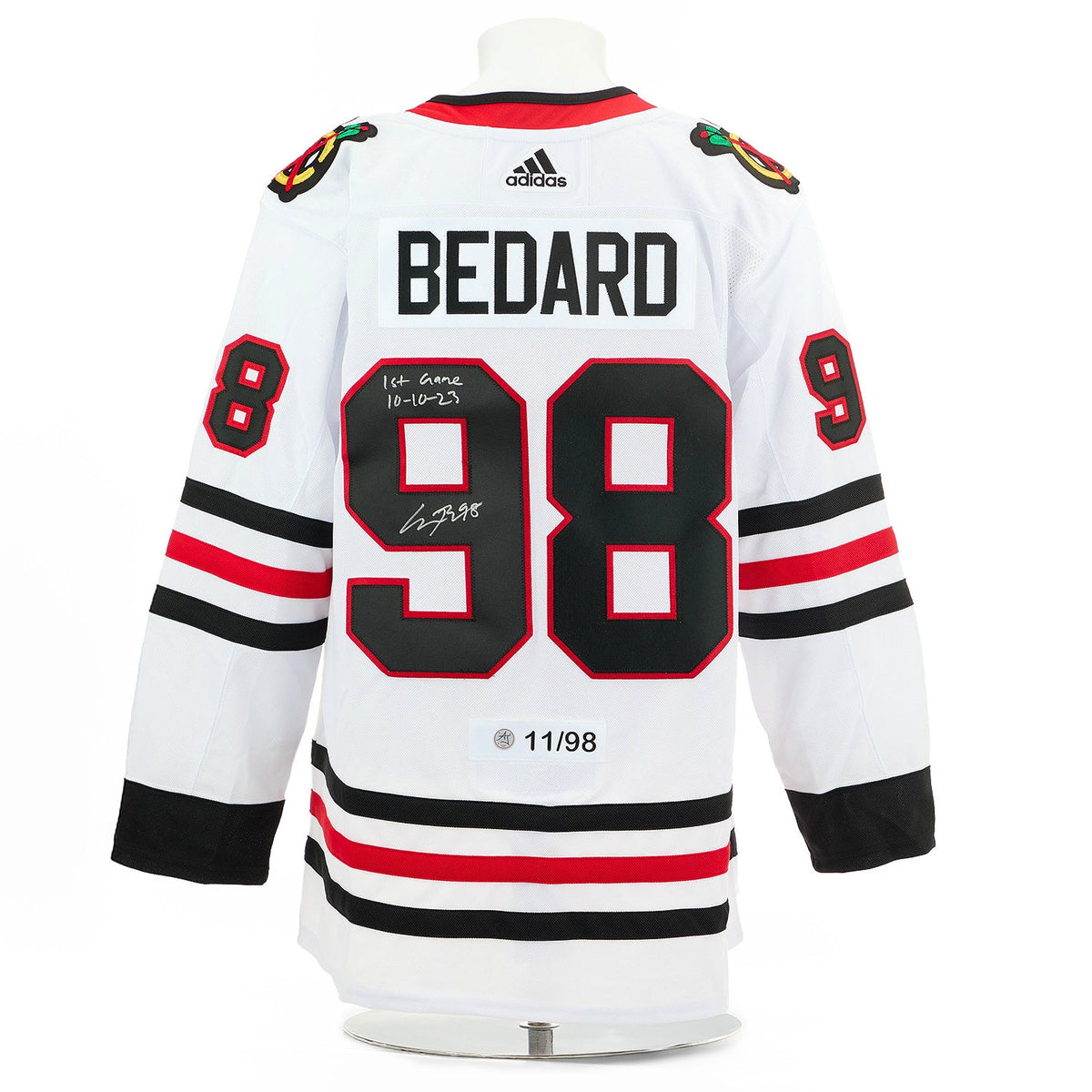 Connor Bedard Chicago Blackhawks Signed & Dated 1st Game adidas Jersey #11/98 product image 1, provided for visual reference