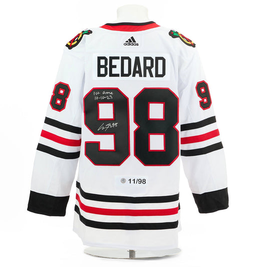 Connor Bedard Chicago Blackhawks Signed & Dated 1st Game adidas Jersey #11/98 product image 1, provided for visual reference