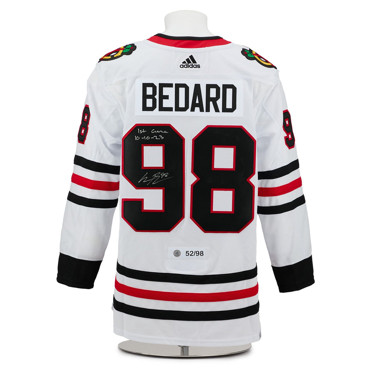 Connor Bedard Chicago Blackhawks Signed & Dated 1st Game adidas Jersey #52/98 product image 1, provided for visual reference