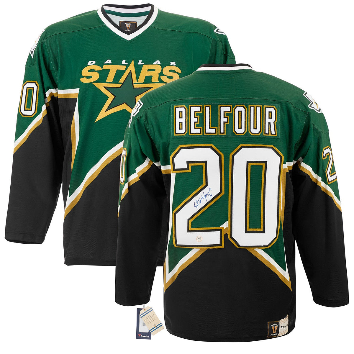 Ed Belfour Autographed Dallas Stars Fanatics Throwback Jersey product image 3, provided for visual reference and product