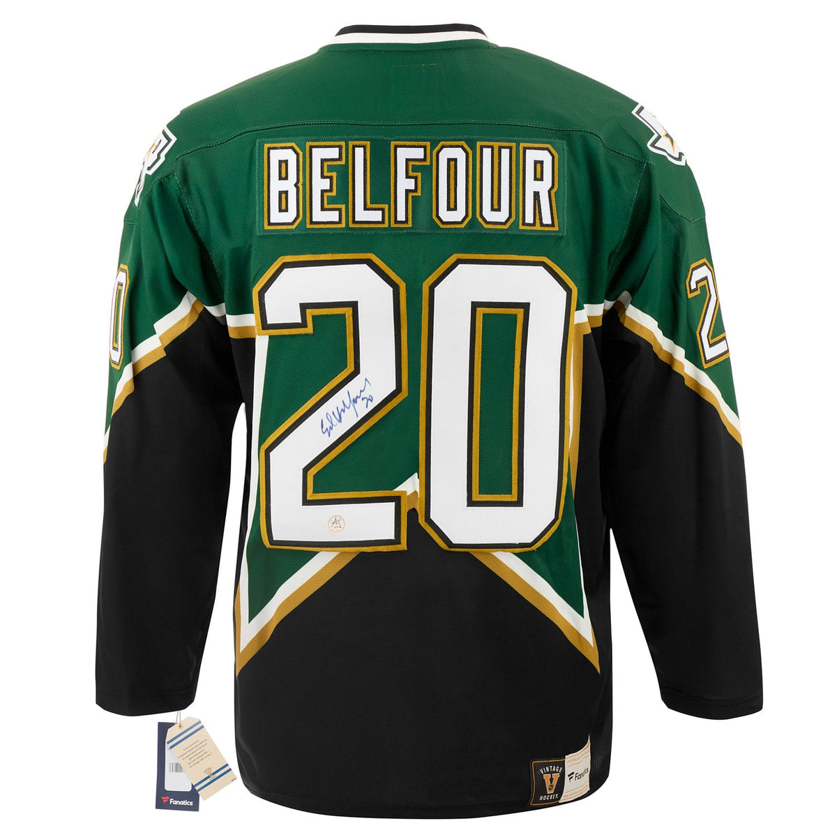 Ed Belfour Autographed Dallas Stars Fanatics Throwback Jersey product image 1, provided for visual reference and product