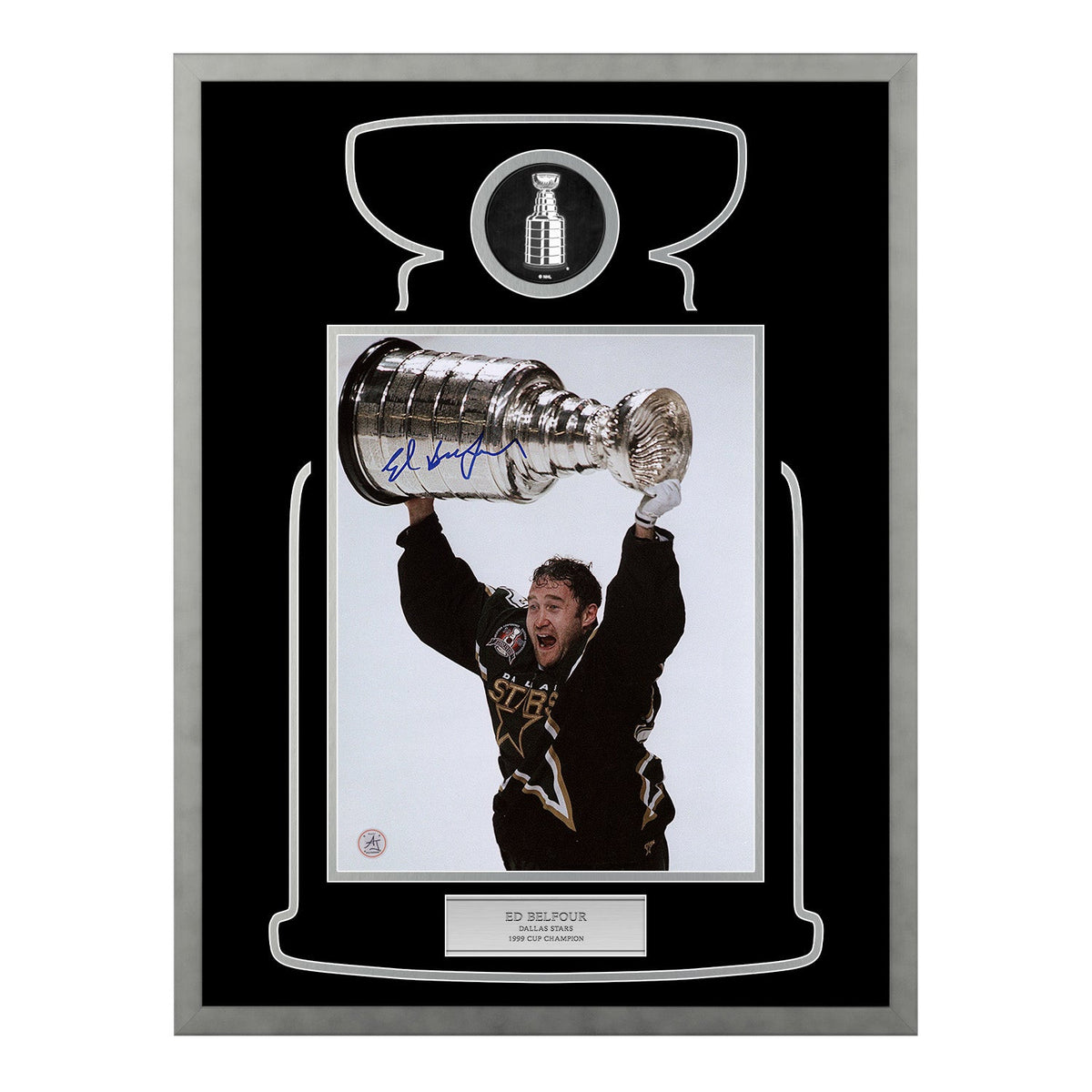 Ed Belfour Autographed Dallas Stars Cup Champion 23x27 Frame product image 1, provided for visual reference and product