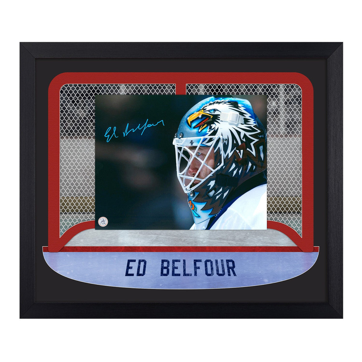 Ed Belfour Autographed Toronto Goalie Mask Between The Pipes 23x27 Frame product image 1, provided for visual reference and