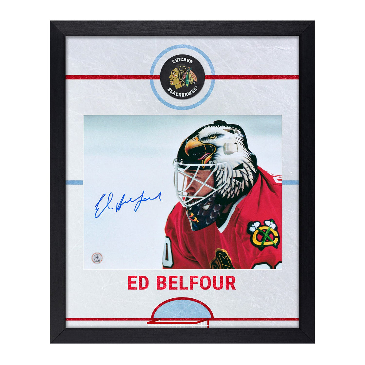 Ed Belfour Autographed Chicago Blackhawks Graphic Rink 19x23 Frame product image 1, provided for visual reference and
