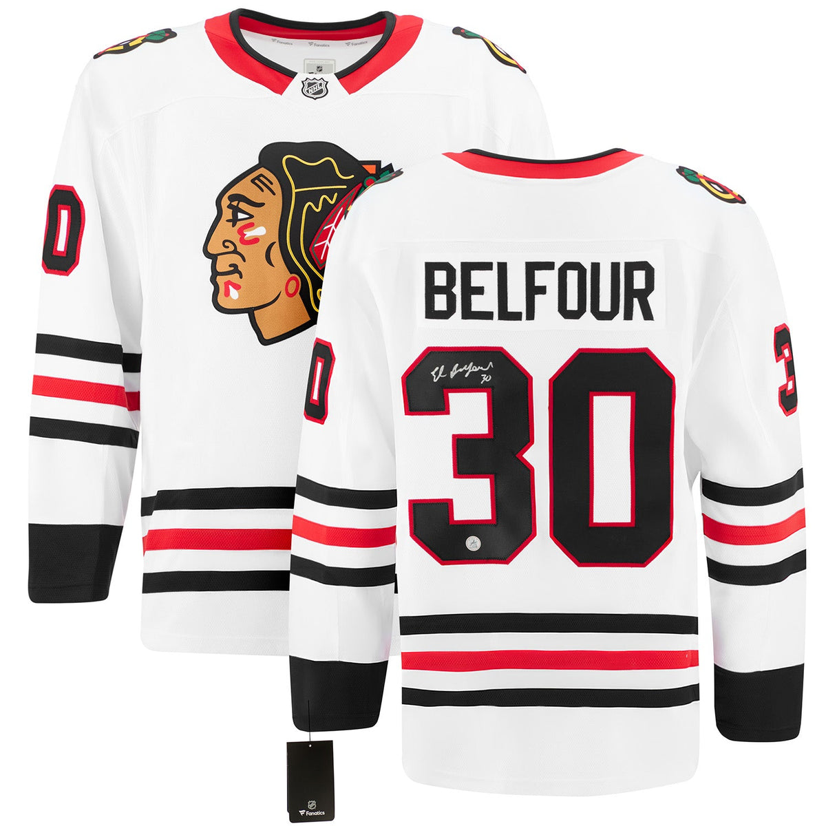 Ed Belfour Signed Chicago Blackhawks White Fanatics Breakaway Jersey product image 3, provided for visual reference and