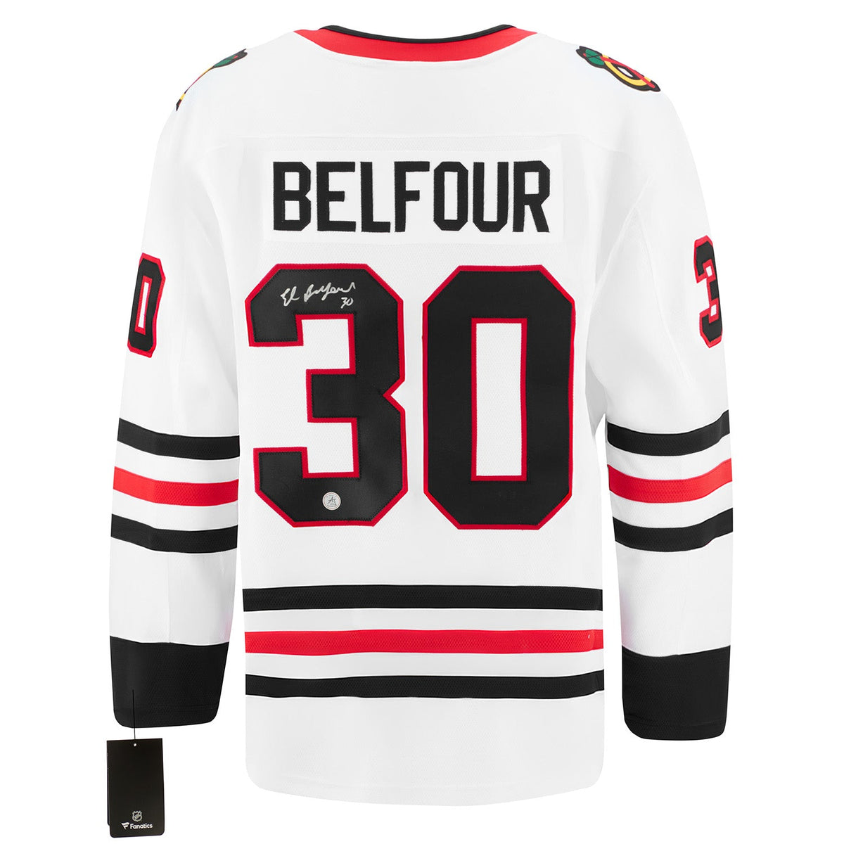 Ed Belfour Signed Chicago Blackhawks White Fanatics Breakaway Jersey product image 1, provided for visual reference and