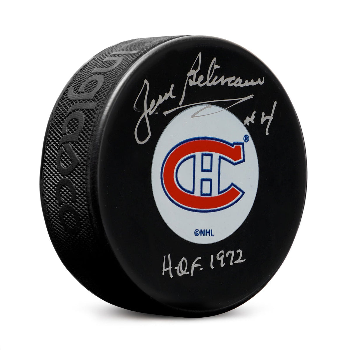 Jean Beliveau Autographed Montreal Canadiens Hockey Puck with HOF Note product image 1, provided for visual reference and