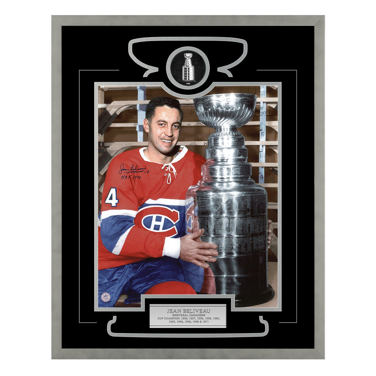 Jean Beliveau Signed Montreal Canadiens Cup Champion 26x32 Frame product image 1, provided for visual reference and product