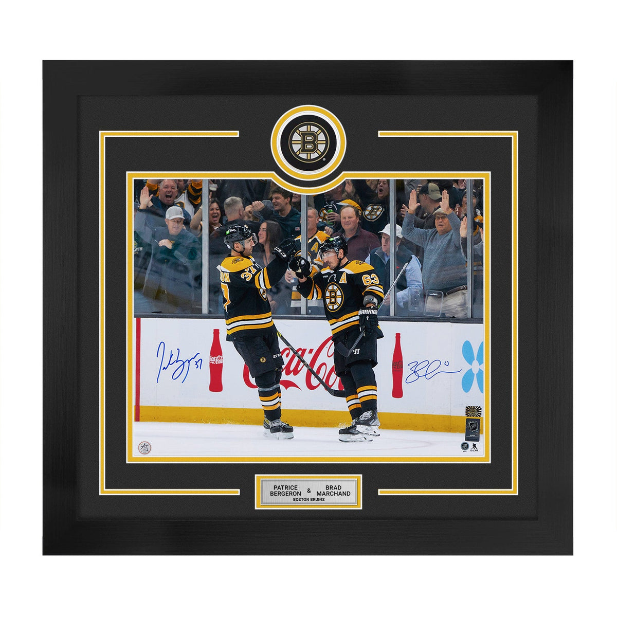 Patrice Bergeron & Brad Marchand Dual Signed Boston Bruins Puck Logo 28x30 Frame product image 1, provided for visual