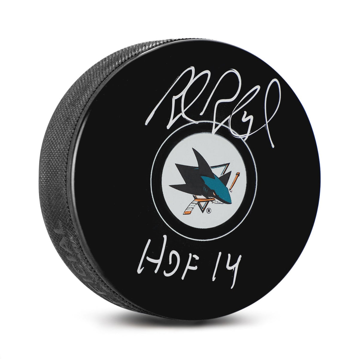 Rob Blake Autographed San Jose Sharks Hockey Puck with HOF Note product image 1, provided for visual reference and product