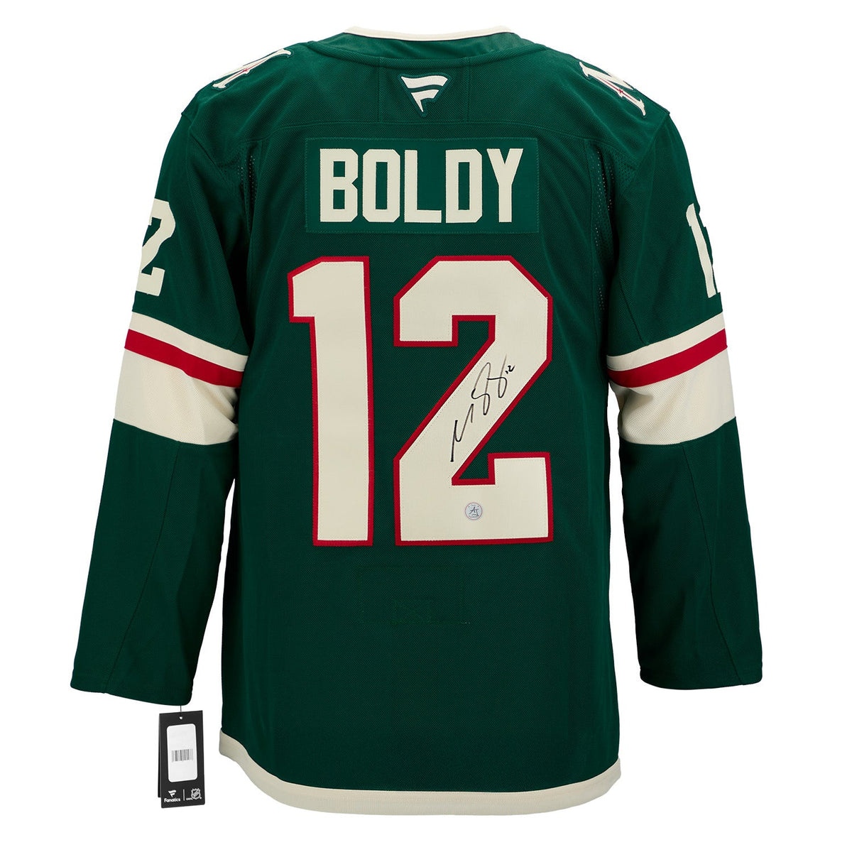 Matt Boldy Autographed Minnesota Wild Fanatics Premium Jersey product image 1, provided for visual reference and product