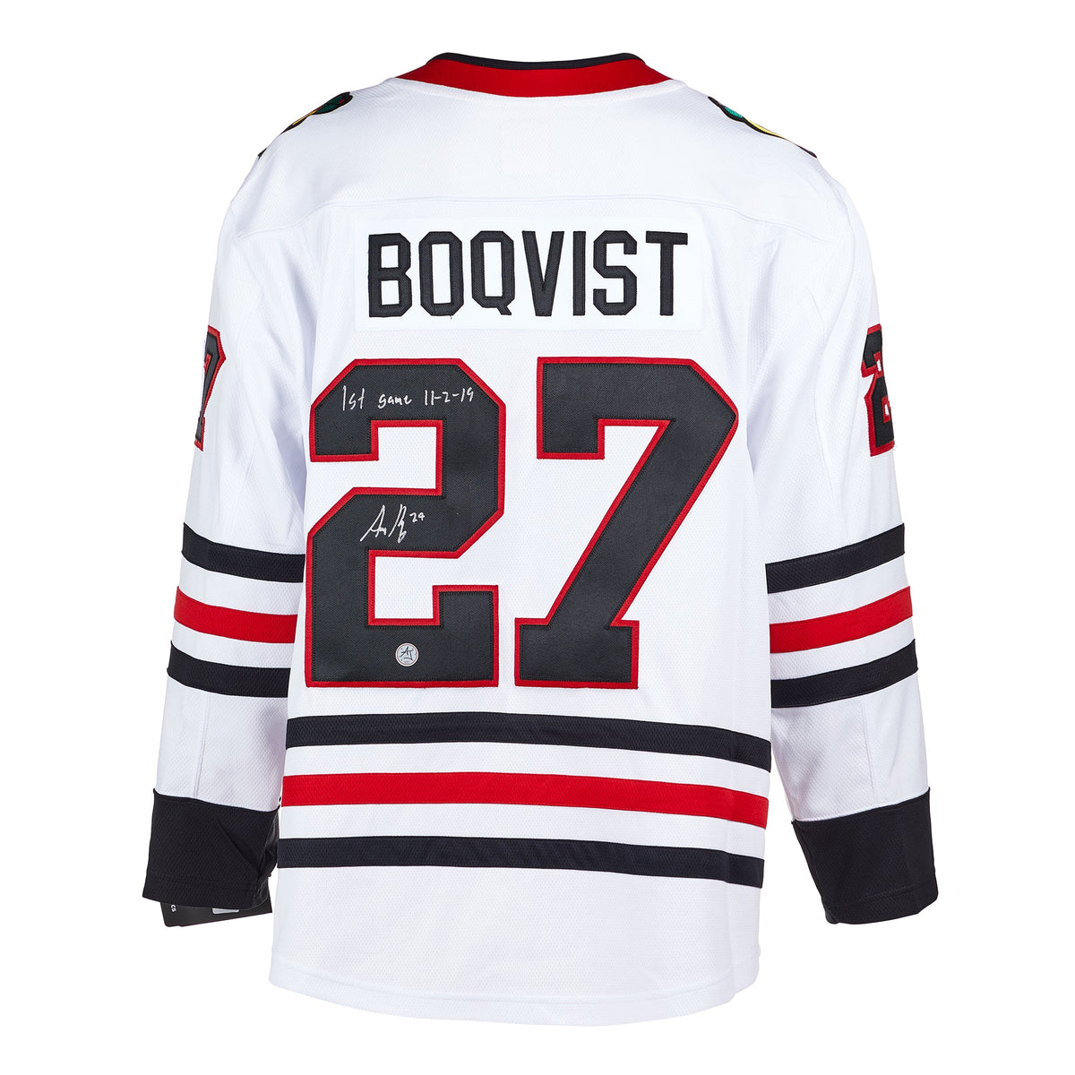 Adam Boqvist Chicago Blackhawks Signed & Dated 1st Game Fanatics Jersey product image 1, provided for visual reference and