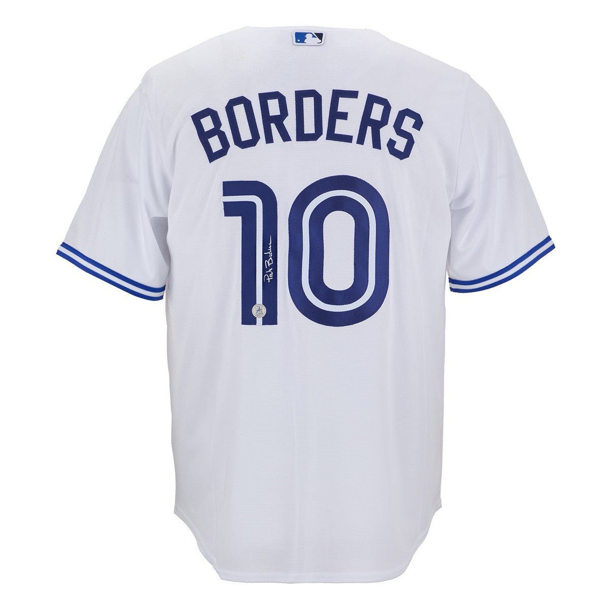 Pat Borders Autographed Toronto Blue Jays White Nike Baseball Jersey product image 1, provided for visual reference and