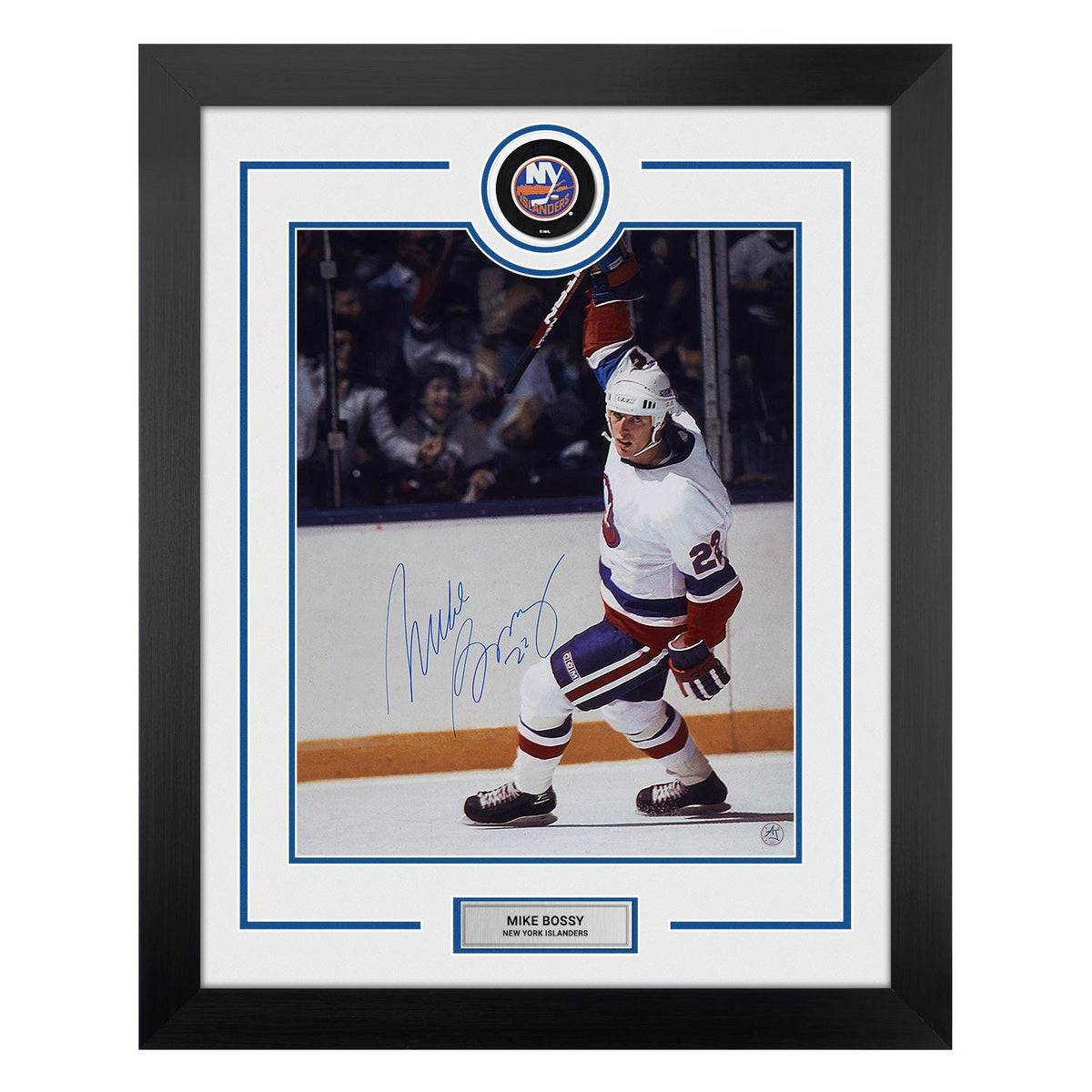 Mike Bossy Autographed New York Islanders Puck Logo 26x32 Frame product image 1, provided for visual reference and product