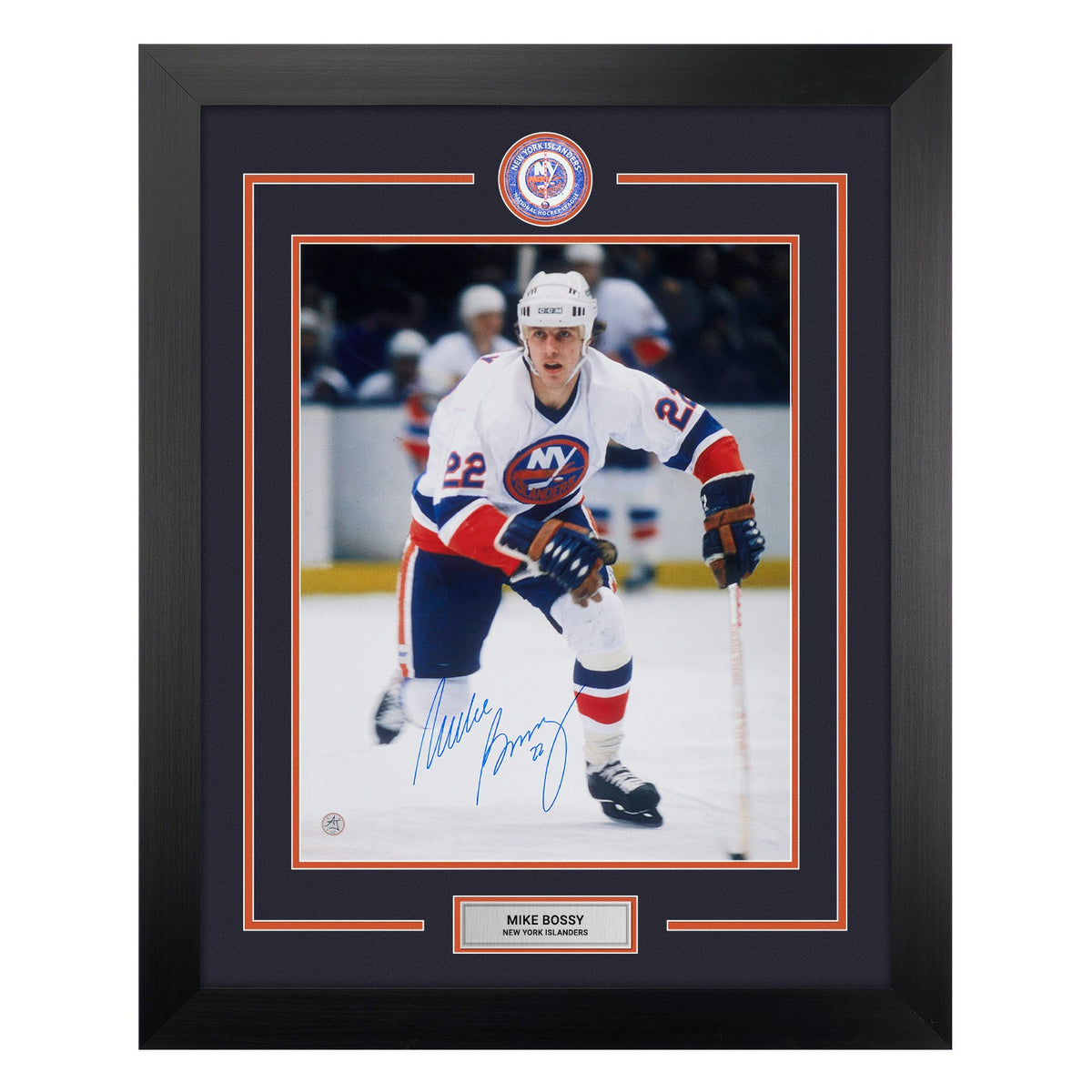 Mike Bossy Signed New York Islanders Centre Ice Logo 26x32 Frame product image 1, provided for visual reference and product