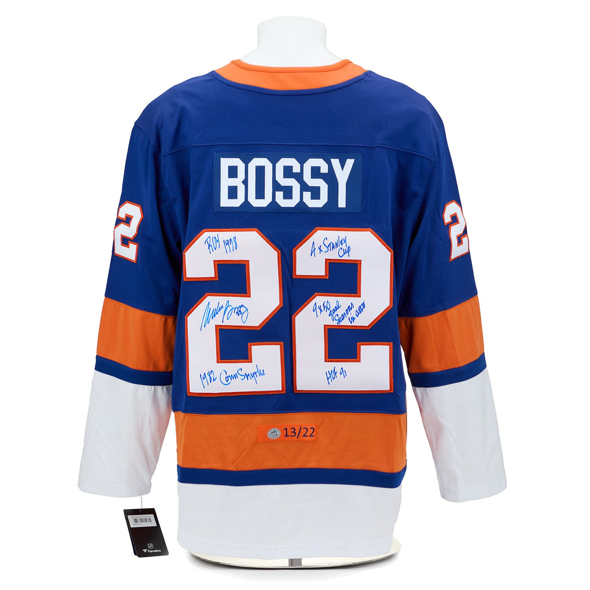 Mike Bossy New York Islanders Signed & Inscribed Stats Breakaway Jersey #13/22 product image 1, provided for visual