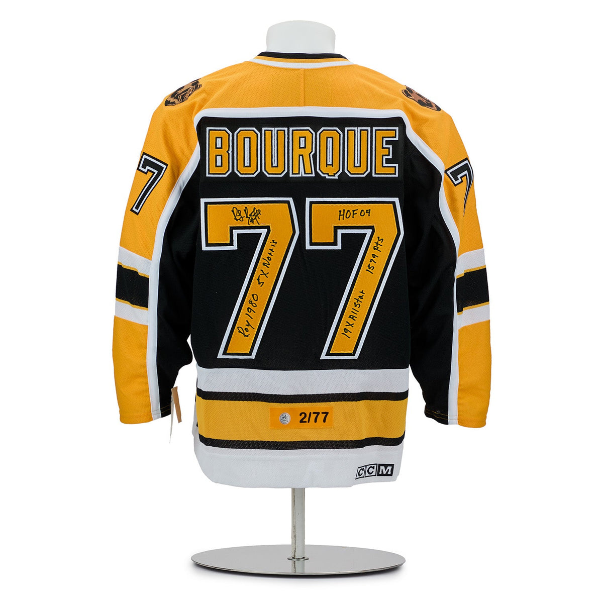 Ray Bourque Boston Bruins Signed & Inscribed Stats Vintage CCM Jersey #2/77 product image 1, provided for visual reference