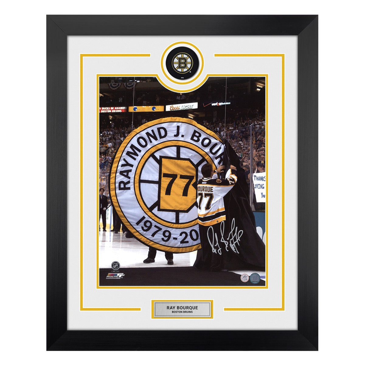 Ray Bourque Autographed Boston Bruins Puck Logo 26x32 Frame product image 1, provided for visual reference and product