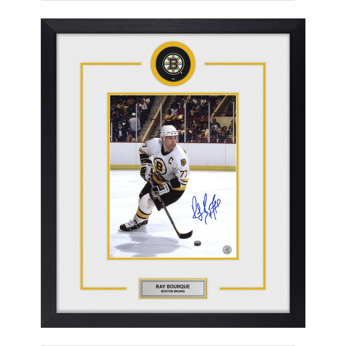 Ray Bourque Autographed Boston Bruins Puck Logo 22x26 Frame product image 1, provided for visual reference and product