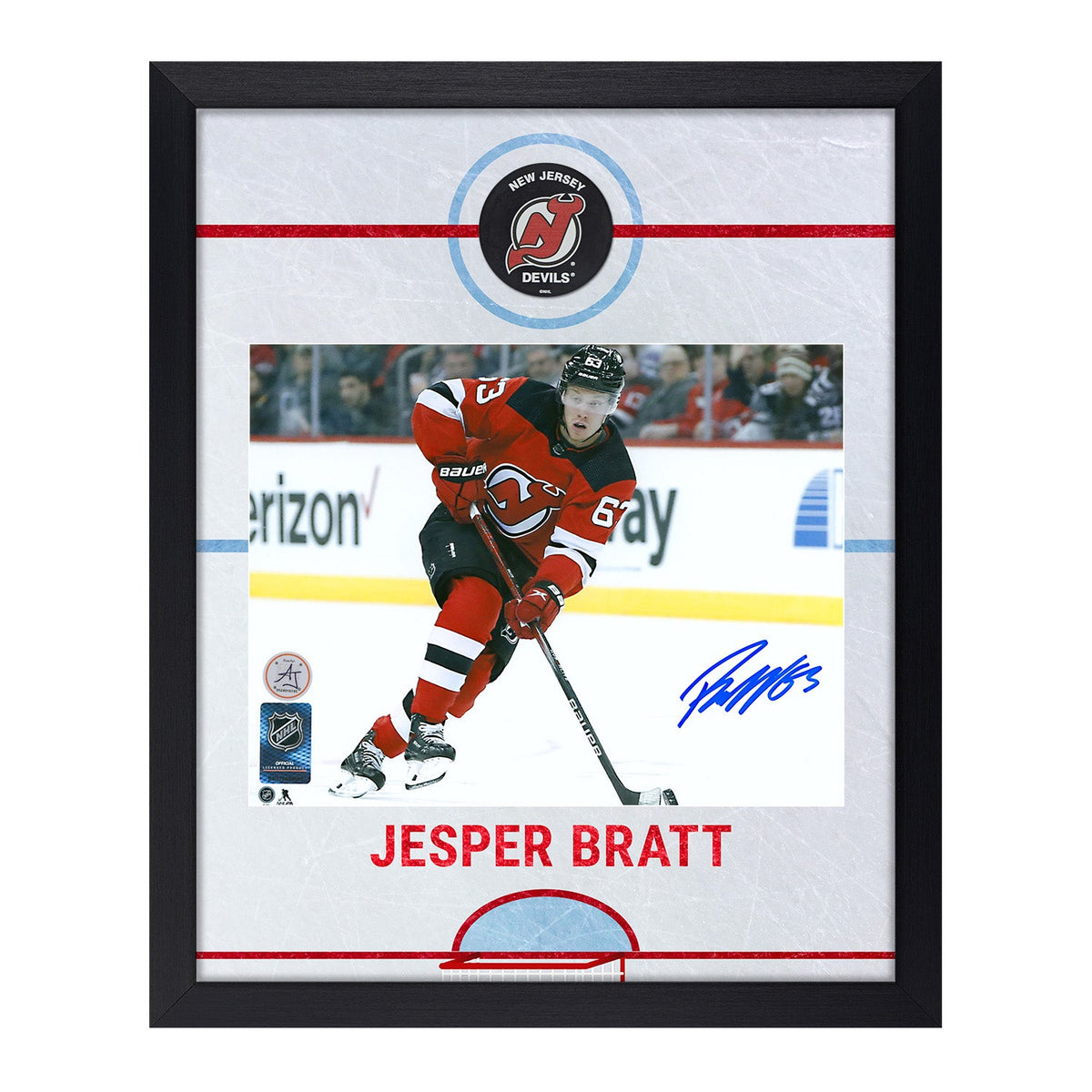 Jesper Bratt Autographed New Jersey Devils Graphic Rink 19x23 Frame product image 1, provided for visual reference and