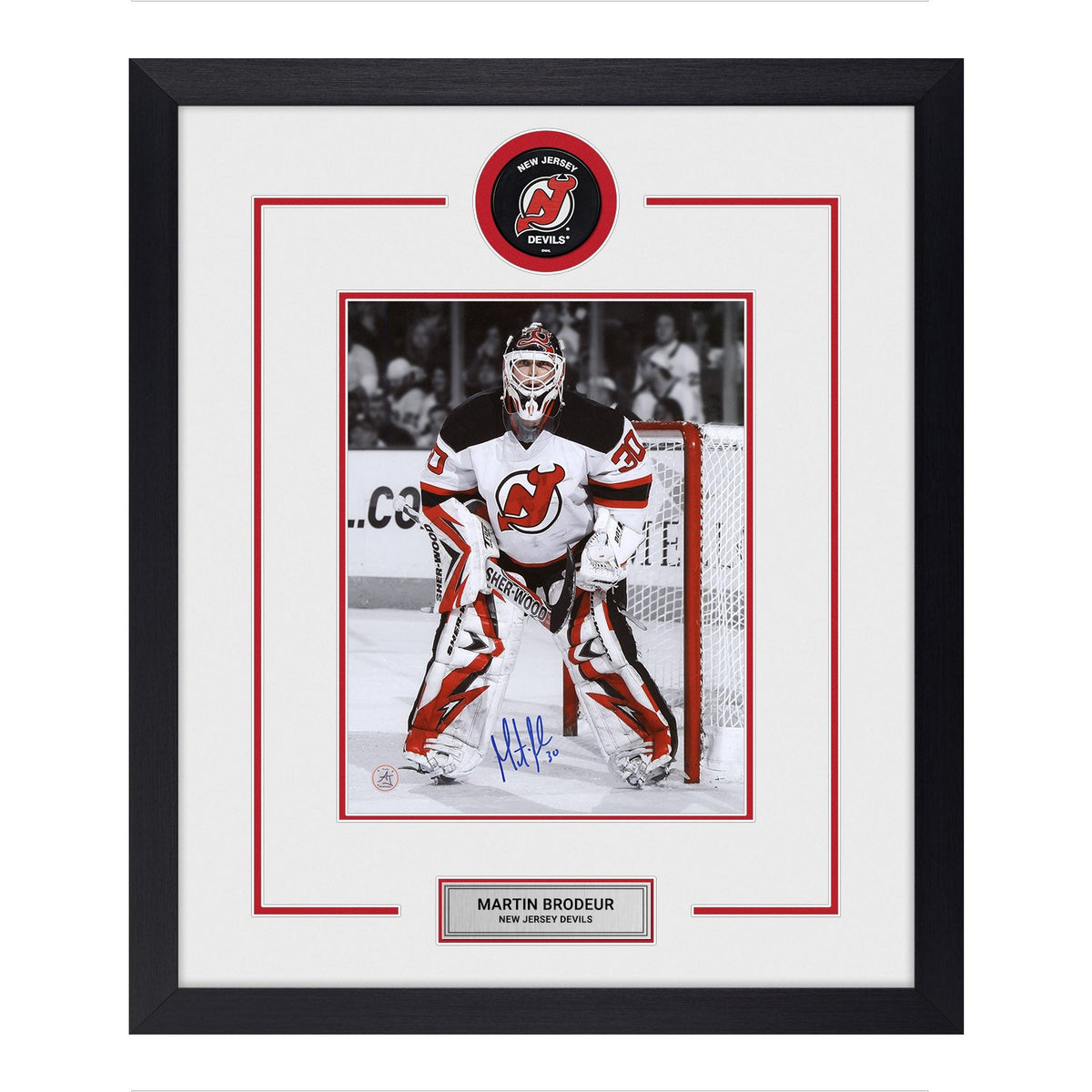 Martin Brodeur Autographed New Jersey Devils Puck Logo 23x27 Frame product image 1, provided for visual reference and