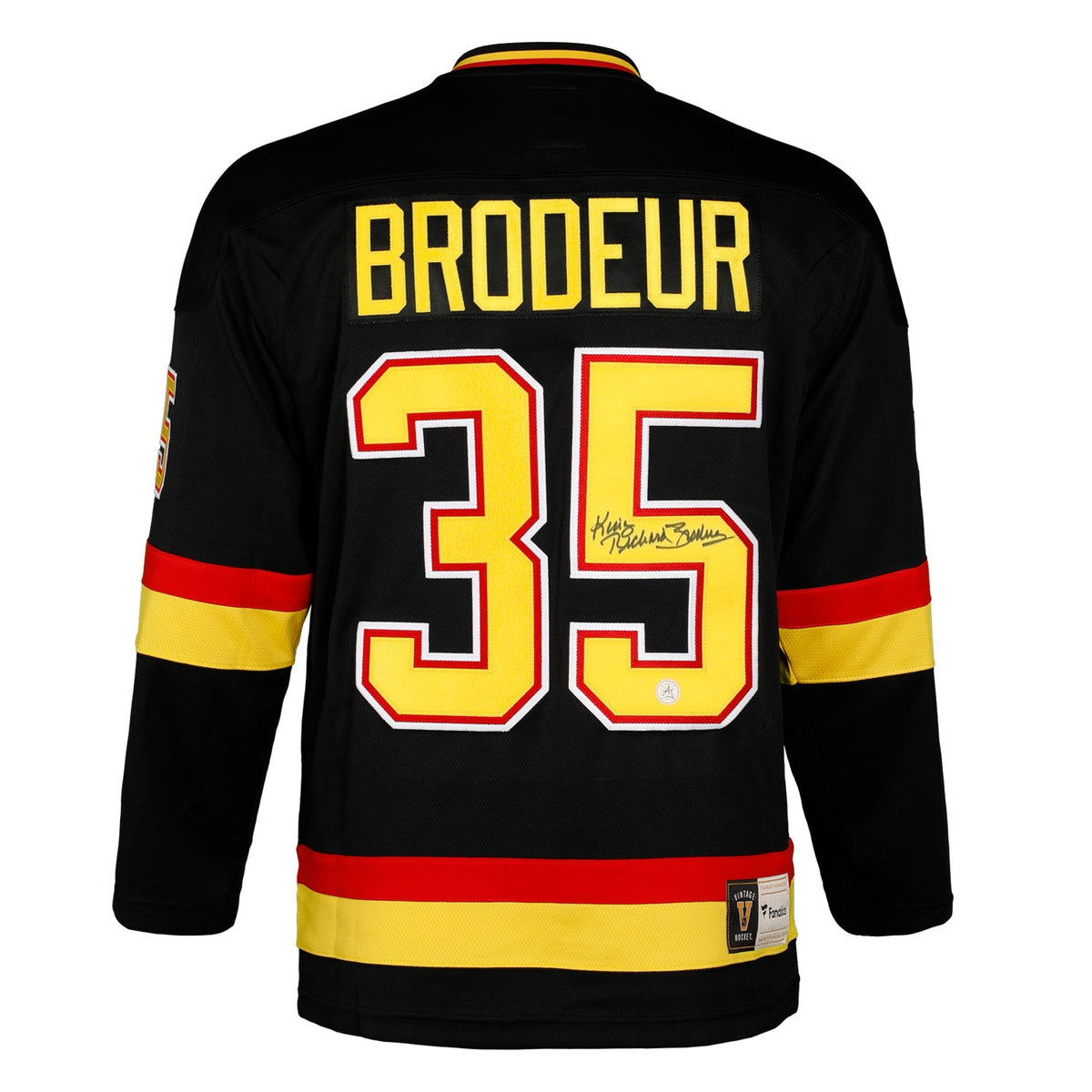 Richard Brodeur Signed Vancouver Canucks Black Fanatics Throwback Jersey product image 1, provided for visual reference and