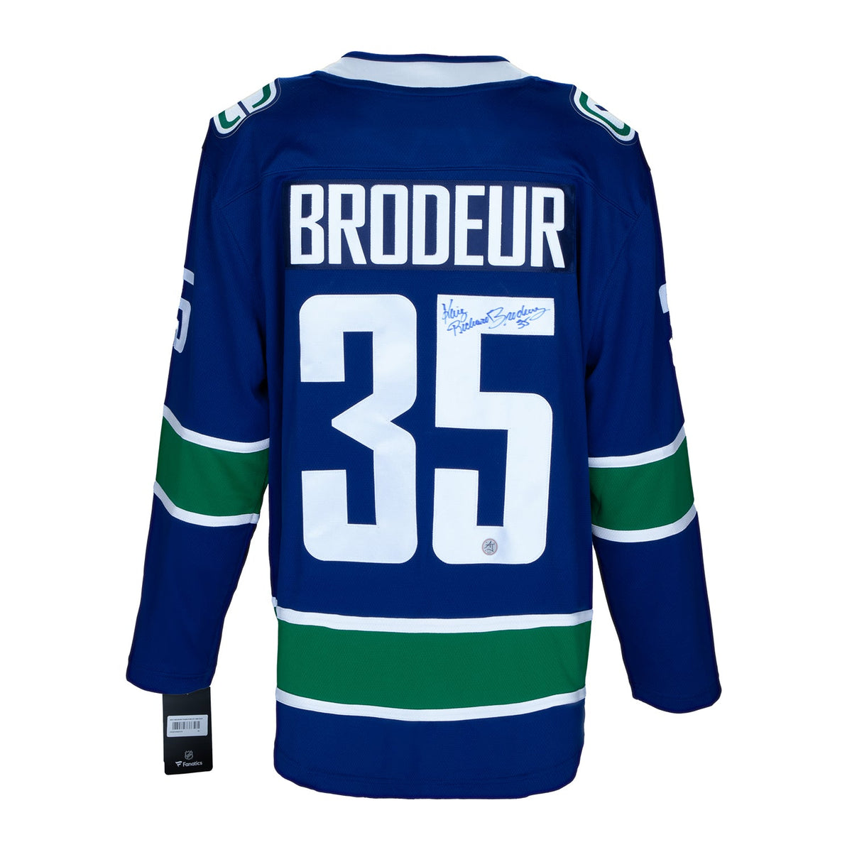 Richard Brodeur Autographed Vancouver Canucks Fanatics Breakaway Jersey product image 1, provided for visual reference and