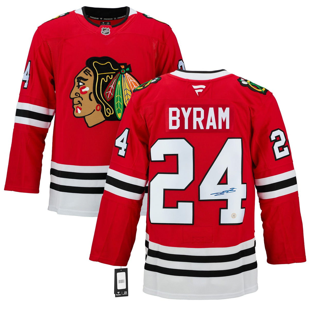 Bowen Byram Autographed Chicago Blackhawks Fanatics Premium Jersey product image 3, provided for visual reference and