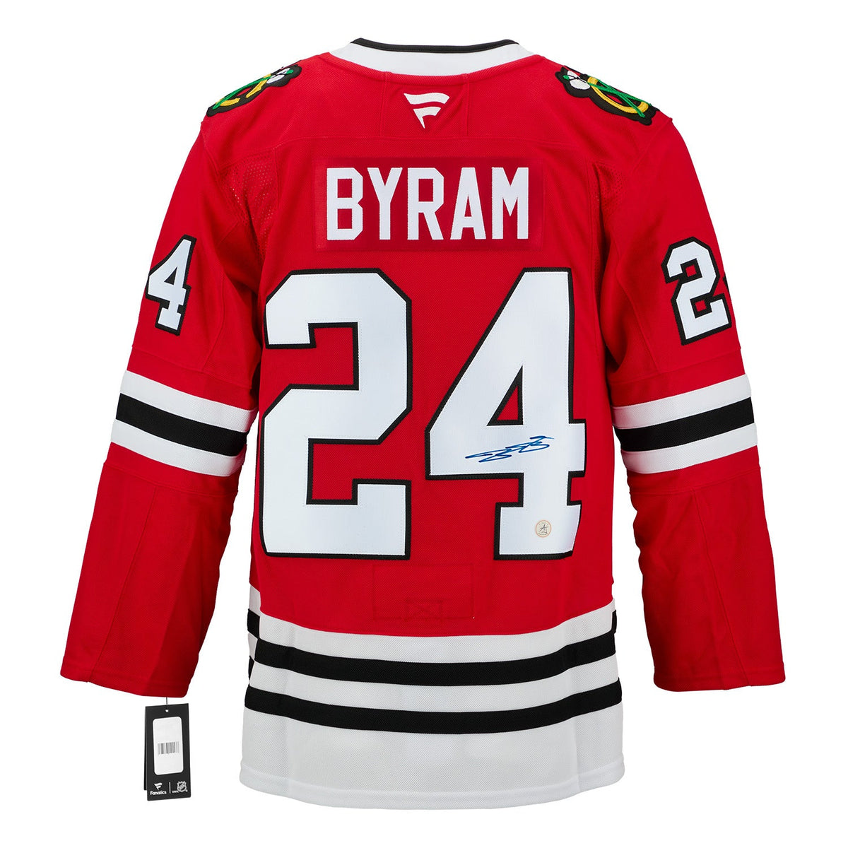 Bowen Byram Autographed Chicago Blackhawks Fanatics Premium Jersey product image 1, provided for visual reference and