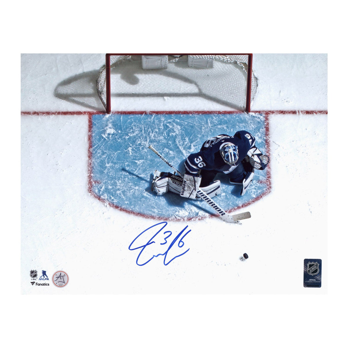 Jack Campbell Autographed Toronto Maple Leafs Aerial Crease View 11x14 Photo product image 1, provided for visual reference