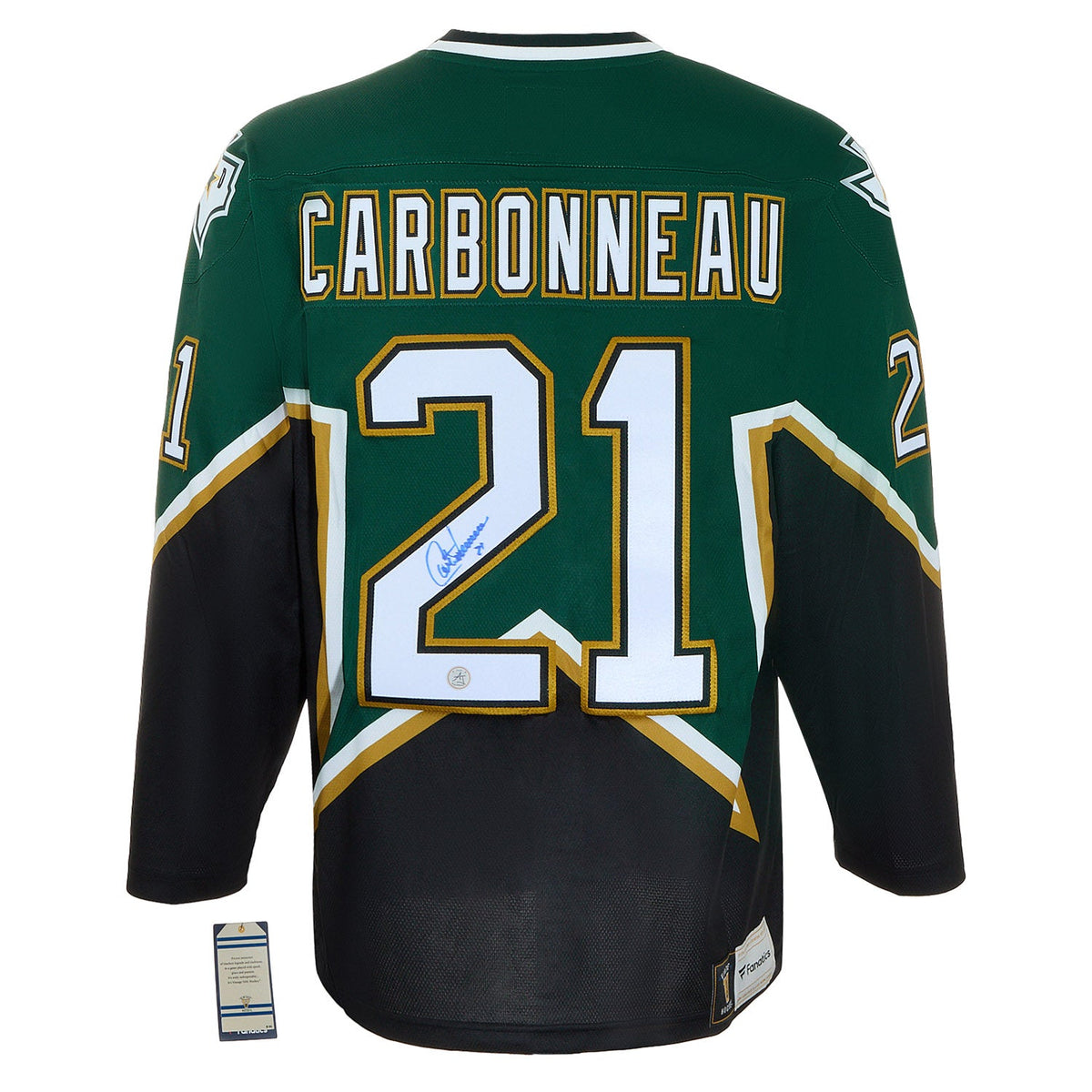 Guy Carbonneau Autographed Dallas Stars Fanatics Throwback Jersey product image 1, provided for visual reference and product