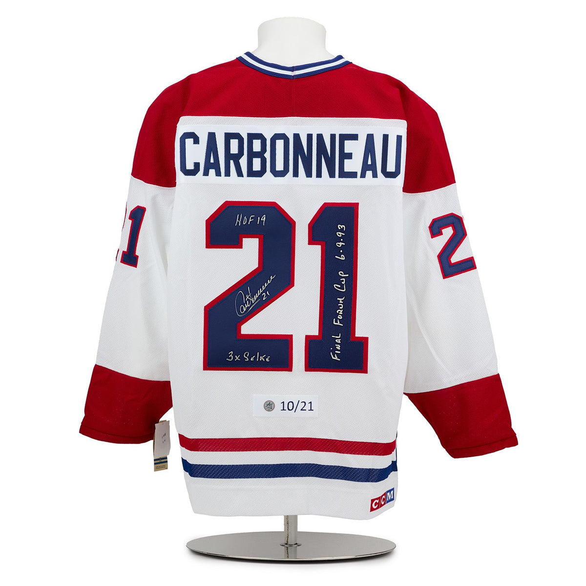 Guy Carbonneau Montreal Canadiens Signed & Inscribed Vintage CCM Jersey #10/21 product image 1, provided for visual