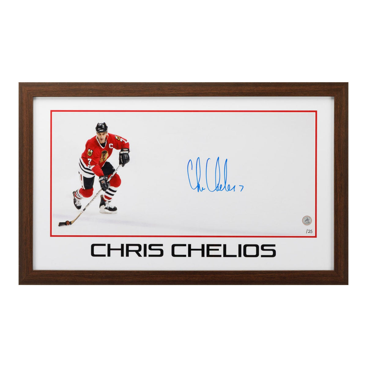 Chris Chelios Chicago Blackhawks Prominent Signature 16x26 Frame #/25 product image 1, provided for visual reference and