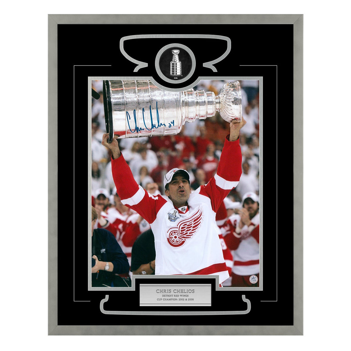 Chris Chelios Autographed Detroit Red Wings Stanley Cup Victory 26x32 Frame product image 1, provided for visual reference