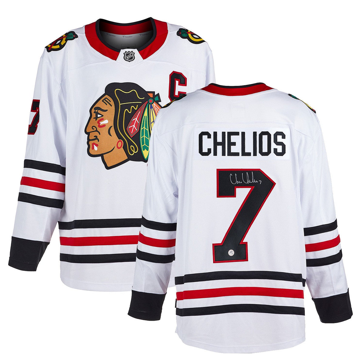 Chris Chelios Signed Chicago Blackhawks White Fanatics Breakaway Jersey product image 3, provided for visual reference and