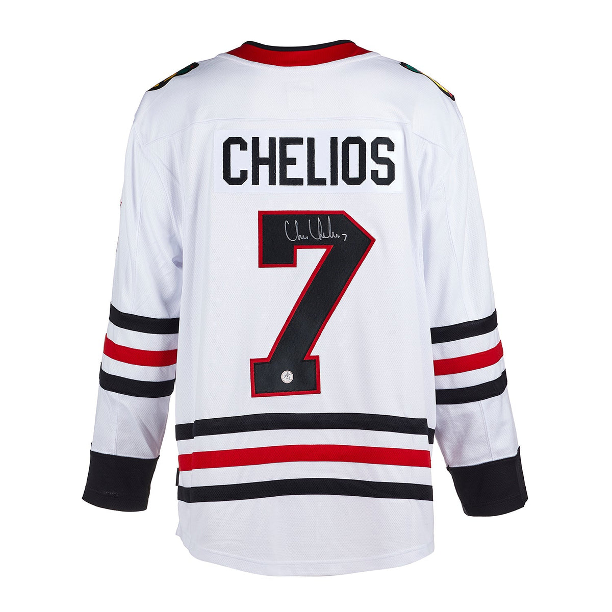 Chris Chelios Signed Chicago Blackhawks White Fanatics Breakaway Jersey product image 1, provided for visual reference and