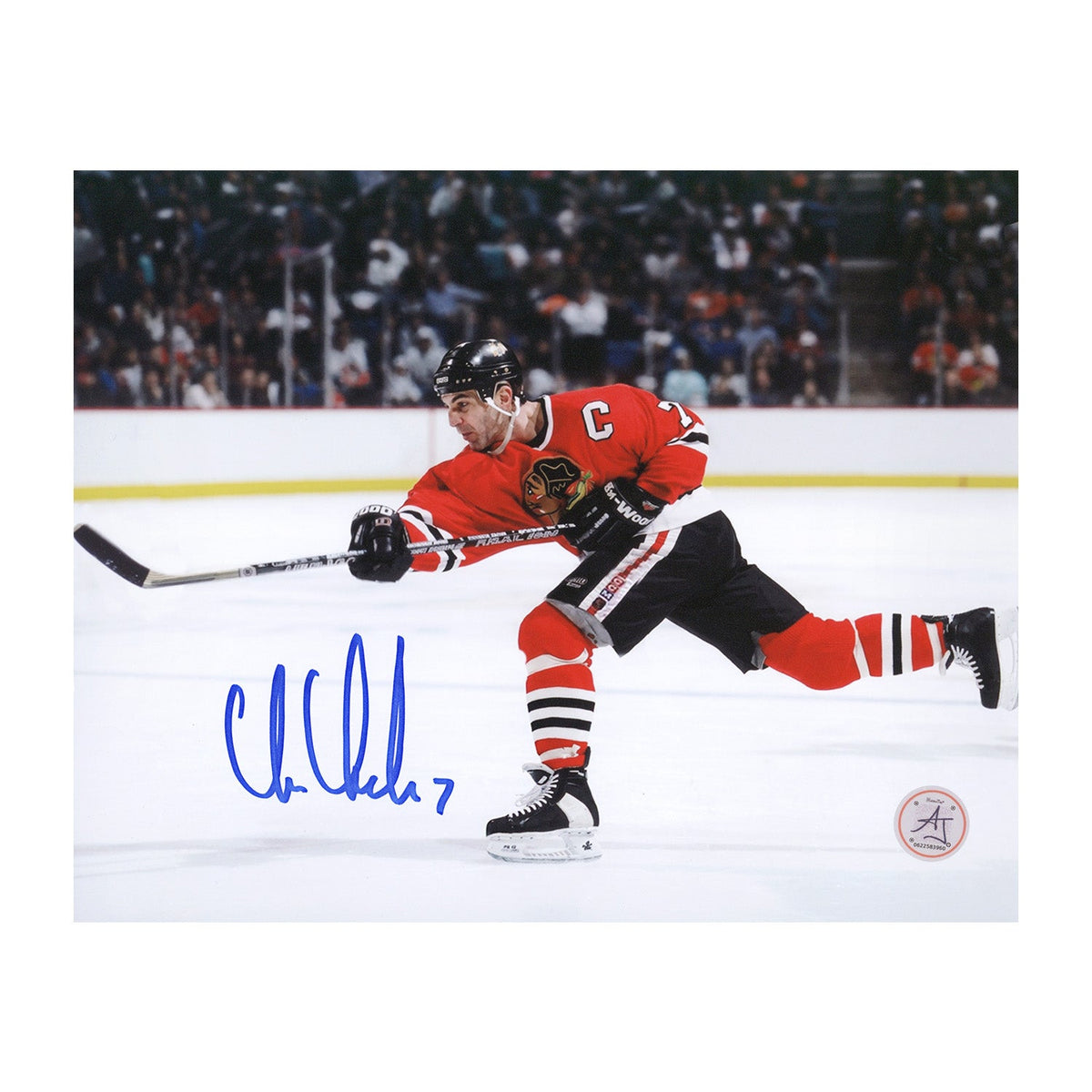 Chris Chelios Autographed Chicago Blackhawks Shooting 8x10 Photo product image 1, provided for visual reference and product