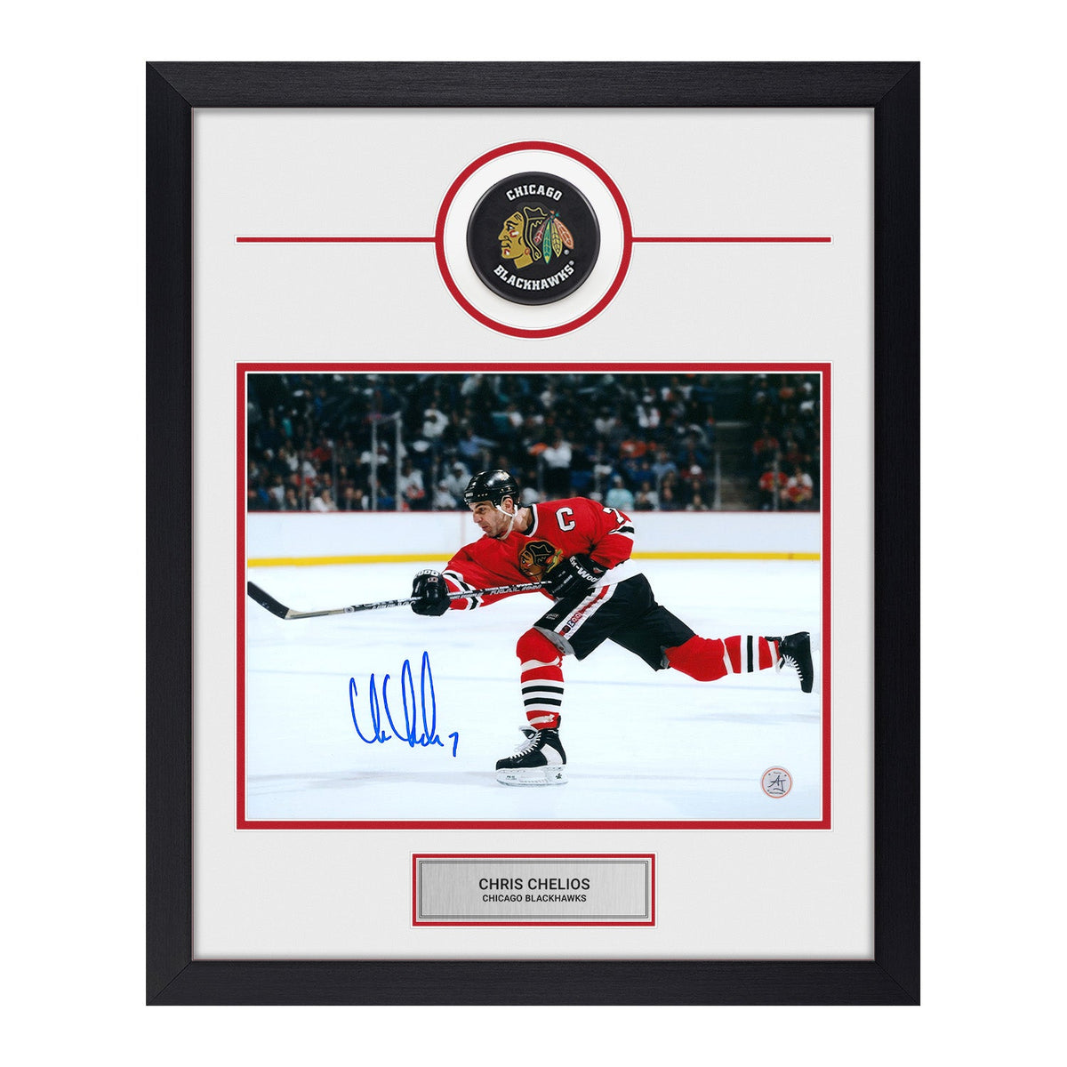 Chris Chelios Autographed Chicago Blackhawks Puck Logo 18x22 Frame product image 1, provided for visual reference and