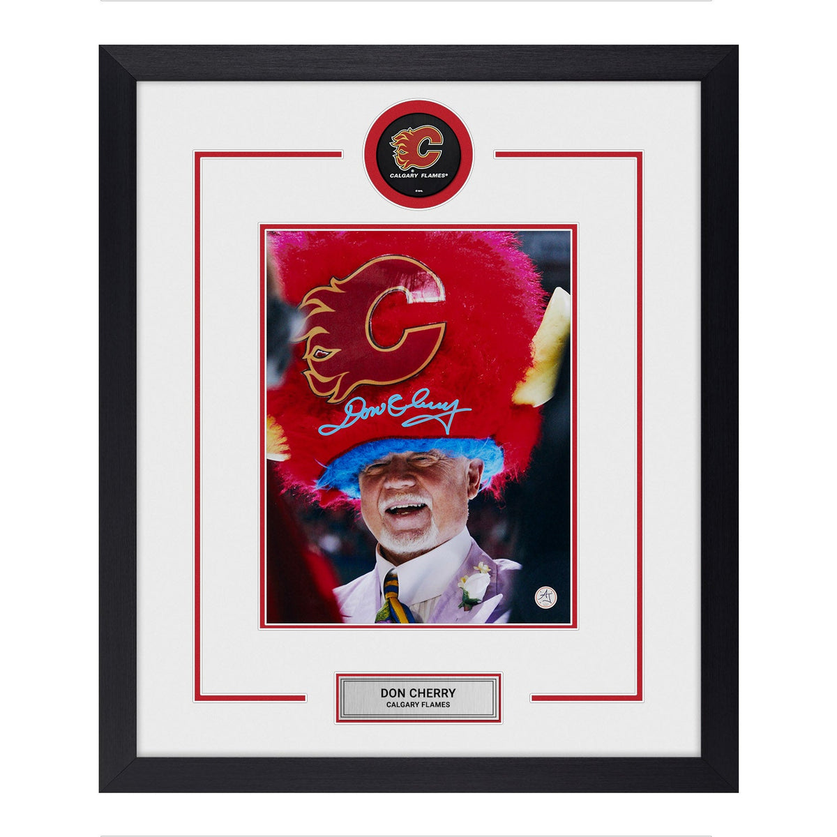 Don Cherry Autographed Calgary Flames Puck Logo 23x27 Frame product image 1, provided for visual reference and product