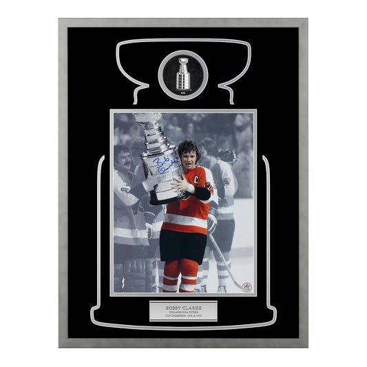 Bobby Clarke Signed Philadelphia Flyers Cup Champion 20x26 Frame product image 1, provided for visual reference and product